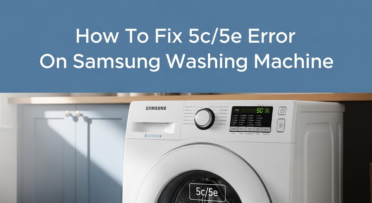 Title: How To Fix 5c/5e Error On Samsung Washing Machine create high quality image with realistic also add the title in image with background color